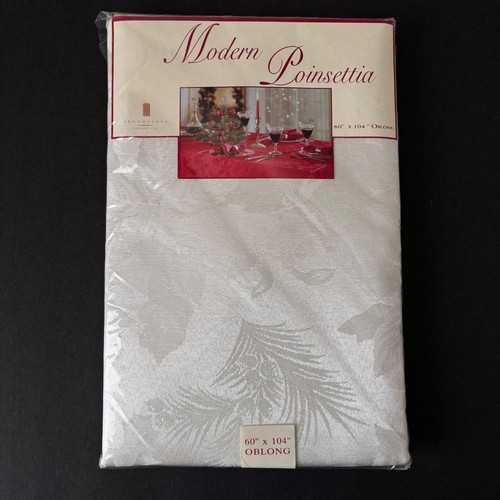 Christmas Tablecloth Fabric Rectangle 60" X 104" Pointsettia Ivory Brownstone