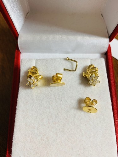 14K 585 14C Fine Saudi Yellow Gold Gold w/ Real Diamond Earring 4.11G 8mm Wide - Picture 9 of 12