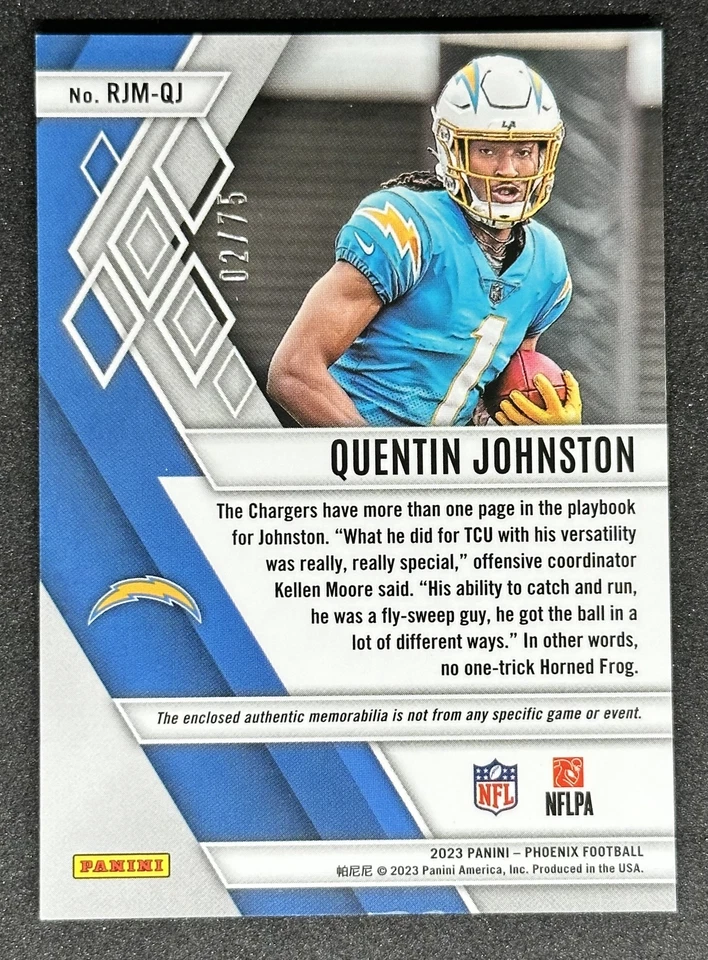 2023 Panini Phoenix QUENTIN JOHNSTON (RC) /75 Purple Prime Jumbo Patch Chargers - Image 2 of 2