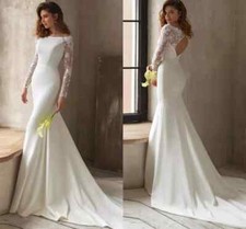 Elegant Mermaid Wedding Dresses Long Sleeves Backless Satin Lace Bridal Gowns