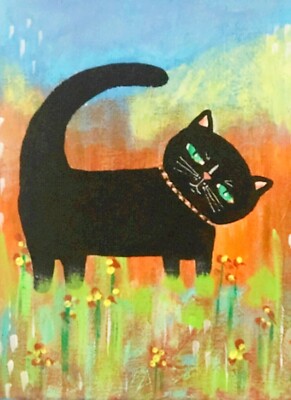 Art PRINTS, Wall Art, 8x10, Black Cat, Naive Folk Art