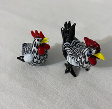 Glass Standing Rooster and Hen Set Black and White Figurine Red Comb Yellow Beak