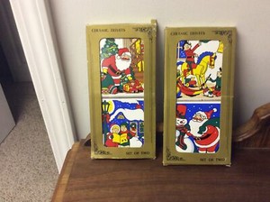 4 Vintage Christmas Ceramic Tile Trivets For Wall Or Your Table Etc.