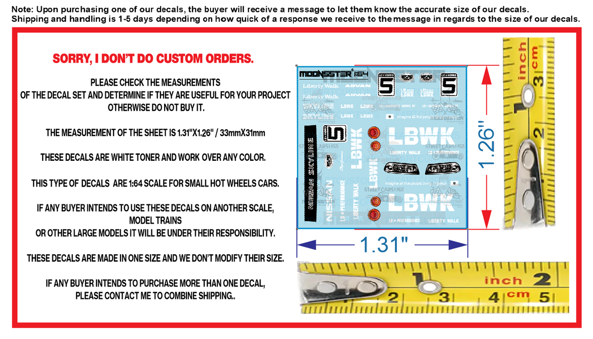 Nissan Skyline Liberty Walk White Toner Water Slide Decal Set 1/64