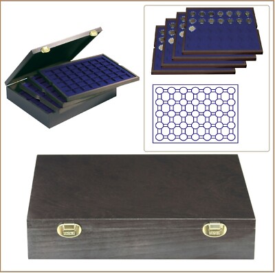 Lindner 2494-11M Carus-4 Wooden Coin Case 4 Tab Blue 32 mm For 140 Coins