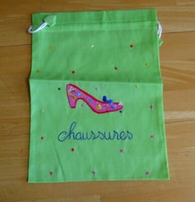 NEW Pretty Hand Embroidered Shoes 'Chaussures' Cotton Bag - Green