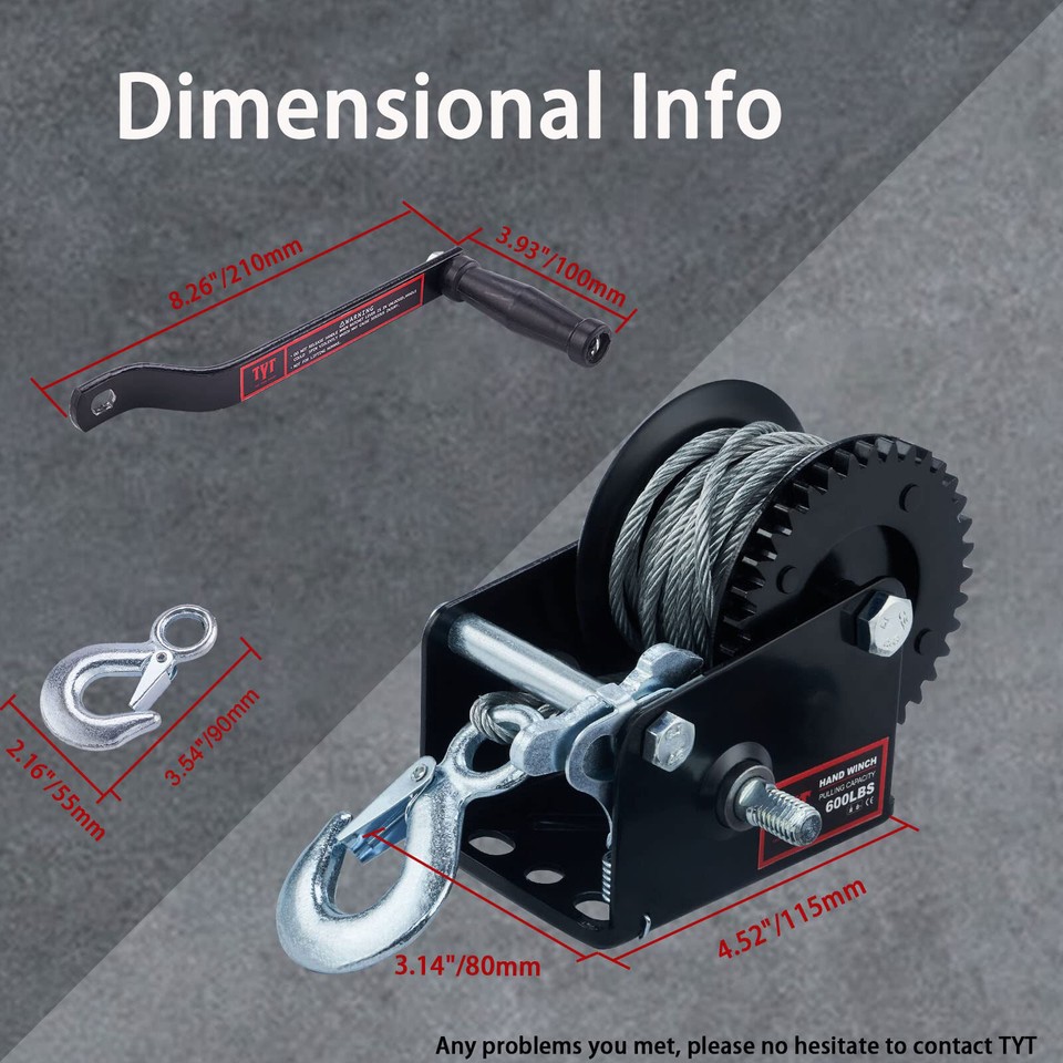TYT 600 LB Boat Trailer Winch with 19 ft Steel Cable, High Hardness