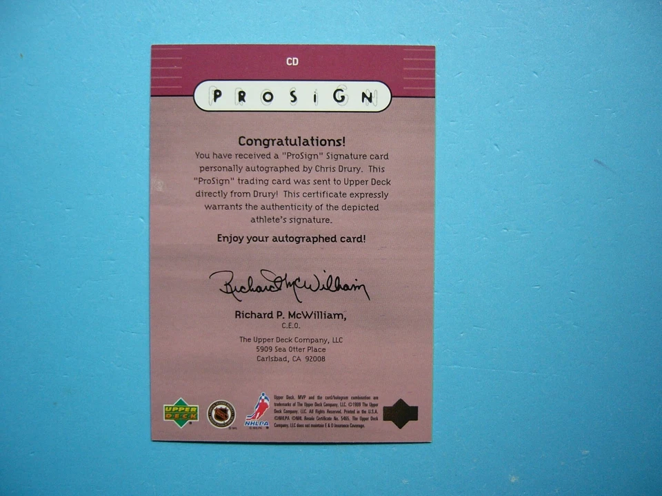Tarjeta de hockey 1999/00 MVP Prosign NHL #CD CHRIS DRURY CASI NUEVA AUTÓGRAFO AUTOMÁTICO Foto 2 de 2