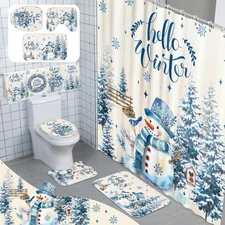 8 Pcs Hello Winter Shower Curtain Set Bathroom Decor Snowman Waterproof Showe...