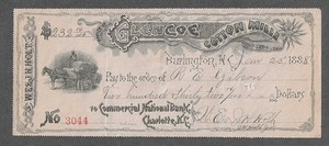 1888 Burlington North Carolina Cotton Mill Bank Draft