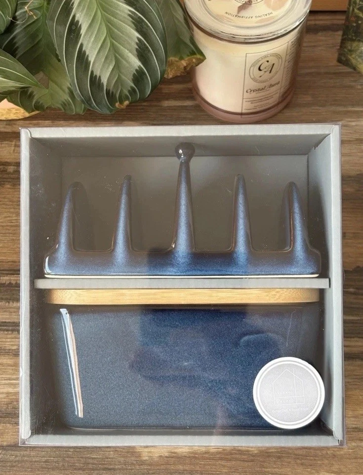 Scandi Home Butter Dish w/ Lid + Toast Rack Set Blue Reactive Glaze Earth NEW