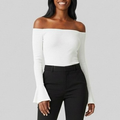 NWT Womens Bell Sleeve Ribbed Off Shoulder Bodysuit Solid White Capsule Size L