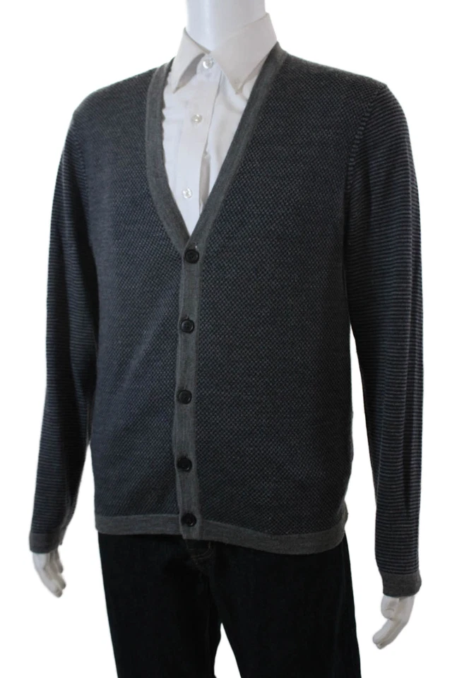 Cárdigan Suéter Michael Kors Para Hombres Botón Frontal Cuello en V Gris Azul Marino Lana Mediano Foto 2 de 4