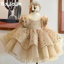 Girl Sequin Princess Dress V Neck Layered Tulle Skirt Elegant Formal Party Gown