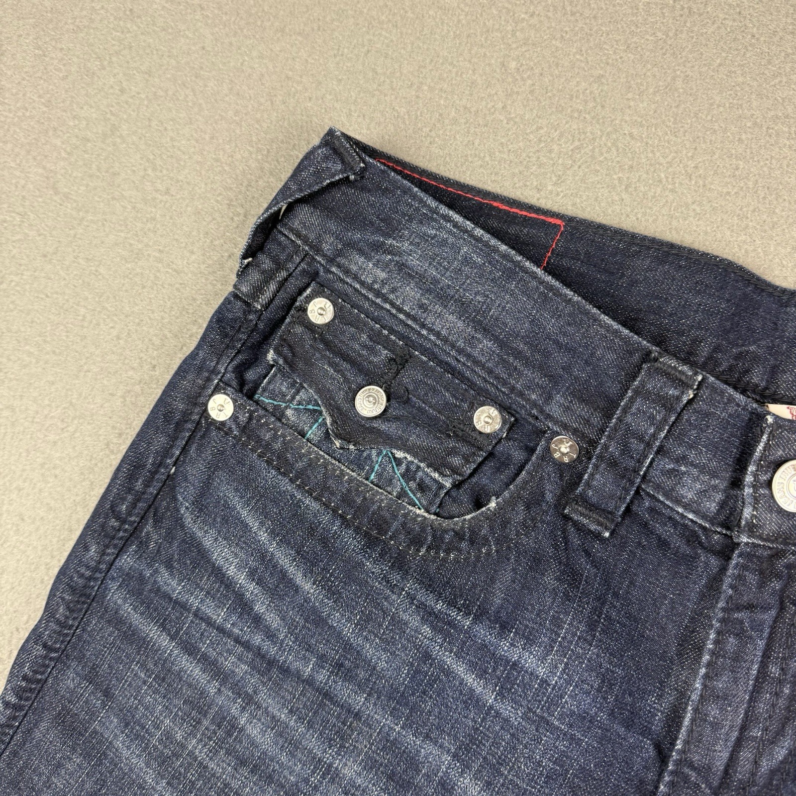 True Religion Jeans Men's 33 (Fits 35x34) Skinny Flap Pockets Blue Embroidered