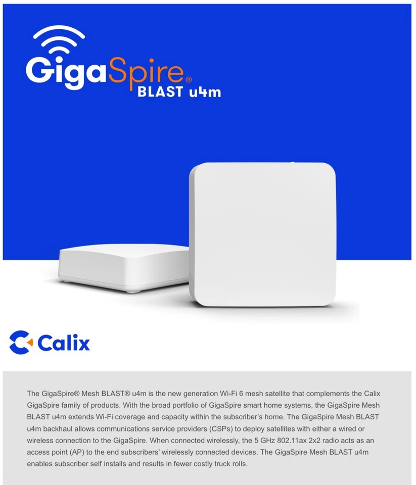 Calix GigaSpire® Blast u4m GM1028 WiFi 6 Mesh Satellite Extender 2025 Model!  - Image 3 of 4