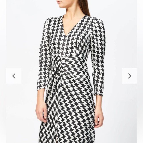 RIXO Ziggy Houndstooth Midi Dress Women’s Small Black White Satin V-Neck Slit - Picture 3 of 14