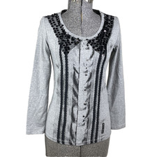 Emporio Armani Embellished Graphic T Shirt Women's Size Small Gray Black