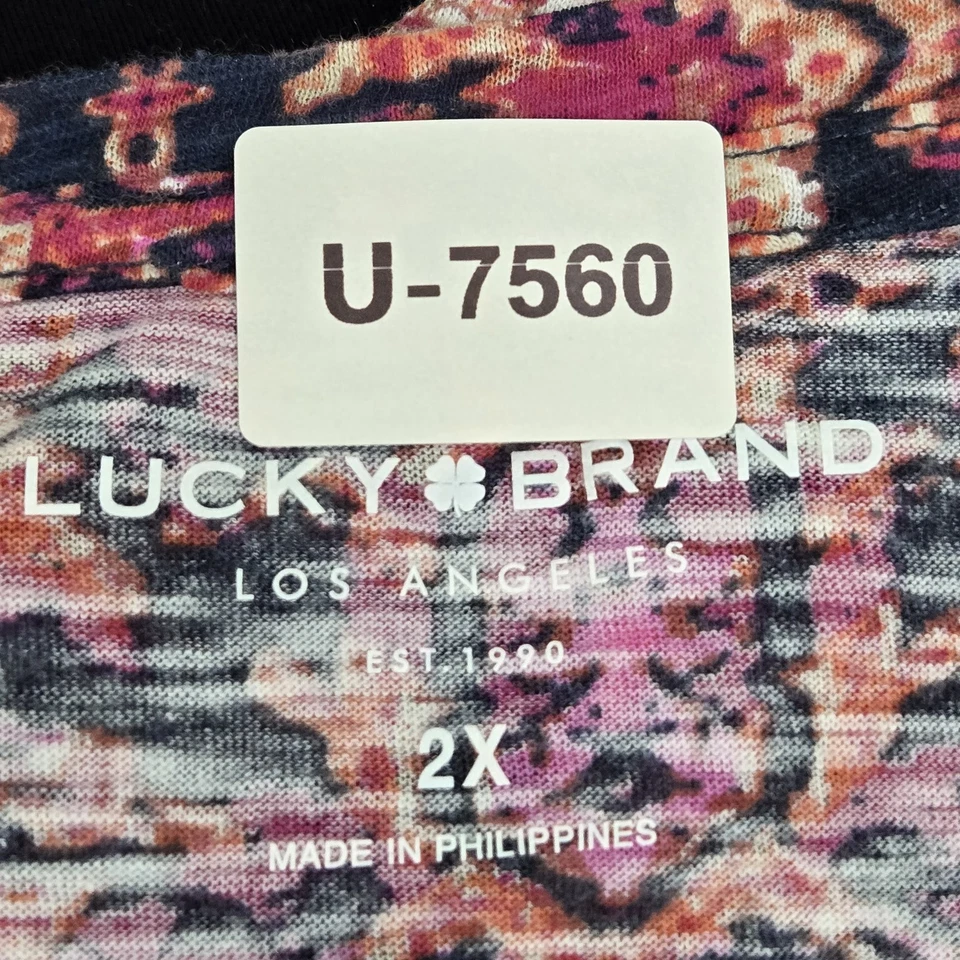 Lucky Brand Women Shirt 2X Pink Geometric V-Neck Pullover - Image 2 of 4