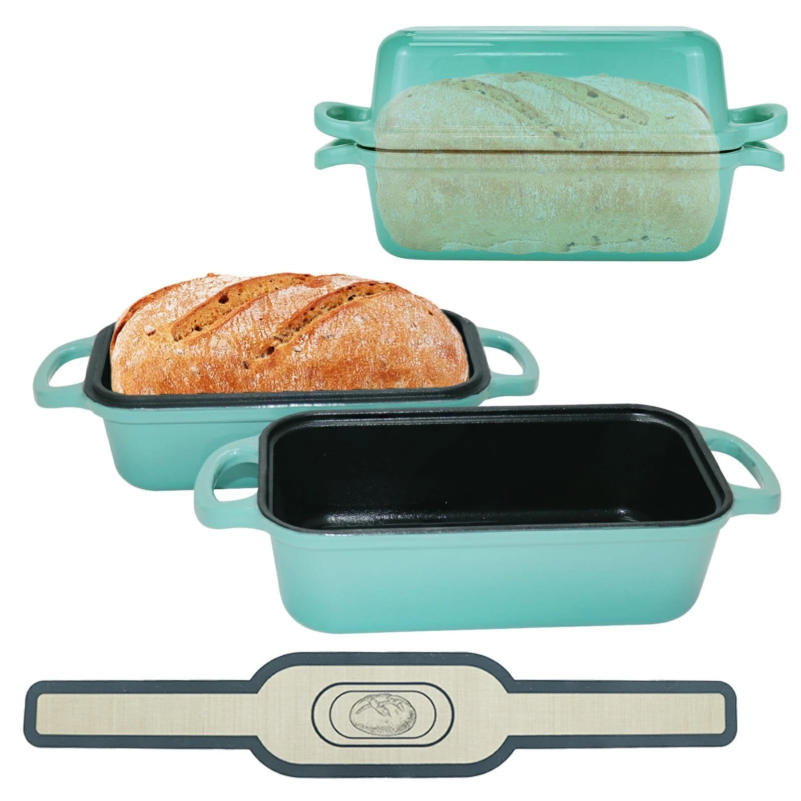 Blisswave Cast Iron Bread Pan with Lid 2in1 Dual Set, Includes 2 Bread Mats ...