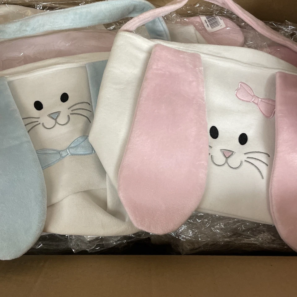 10 Tote Jute Bags With Bunny Ears 5 Blue 5 Pink Joblot Baby Basket Easter Gift - Image 2 of 4