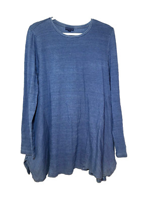 Purejill Indigo Blue Textured Mid Wash Cotton Long Sleeve Tunic Inset Sides LRG