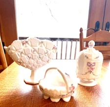 Unique Set Vtg. Waterford/Westmoreland Milk Glass Hand Painted w/flowers Mint