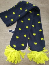 GAP girls dark blue FLEECE WINTER SCARF lime green hearts FRINGE TRIM one size