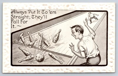 Postcard Bowling Humor Faces On Pins Put It To Them Straight c1910 AV5