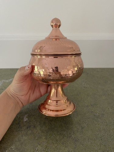 Hammered Copper 8” Lidded Pedestal Bowl Trinket Candy Dish Sugar Cubes NEW - Picture 4 of 7