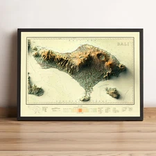 Bali Indonesia Map, Bali 2D Relief Map, Bali Vintage Map - 2D Flat