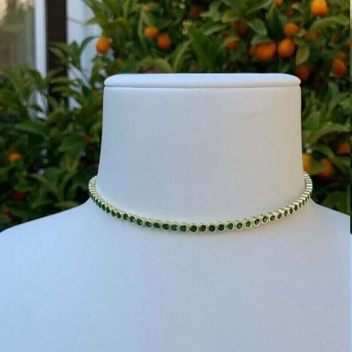 5Ct Bezel Set Round Green Emerald Tennis Choker Necklace 14K Yellow Gold Plated - Picture 2 of 6