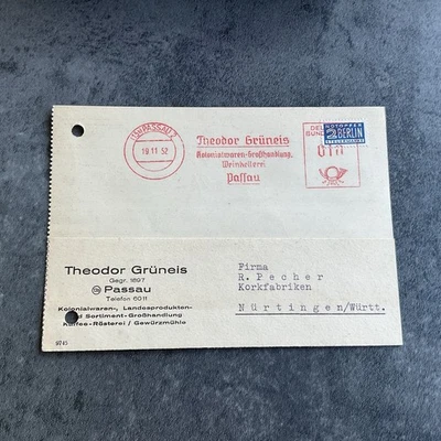 Firmen  Korrespondenz Werbung Passau 1952, Kolonialwaren Theodor Grünes - Bild 1 von 2