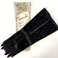 Vintage Crescendoe Beaded Long Black Gloves 18 inch length Wonder Fabric Small