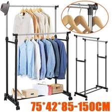 DOUBLE Clothes Coat Rail Garment Dress Hanging Display Stand On Wheels Shoe Rack