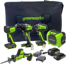 Greenworks - 24V 5 Tool Combo Kit - Drill, Impact Driver, Recip Saw, Light, B...