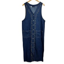 Vintage 90s Jumper Maxi Button Up Denim Dress Women L Blue Cottagecore Tradwife