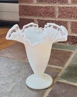 Vintage Fenton White Silver Crest Ruffled Edge Vase Milk Glass 6.25"