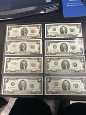 U.S. Banknotes 1953 ABC (3) Red Seal $2 Dollar Bill Lot & 5- 1976 $2 Dollar NM