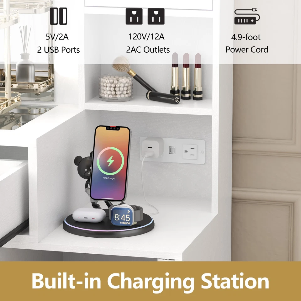 Vanity Desk with Mirror and Lights, Chair & Glass Top, Fold-Up Panel for Room - Image 4 of 4