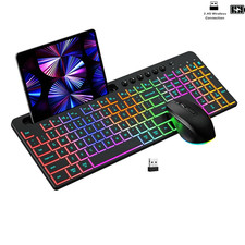 RGB Backlit Wireless Keyboard Mouse Combo Phone Holder 1600DPI Rechargeable
