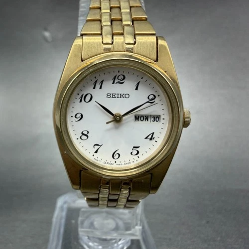 Seiko Watch Women 24mm White Dial Gold Tone Daydate 7N83-0011 New Battery