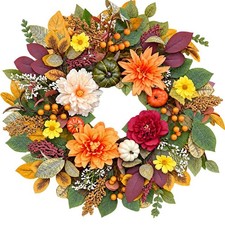 24 Inch Fall Wreath Front Door Floral Harvest Wreath Pumpkin Autumn Decor