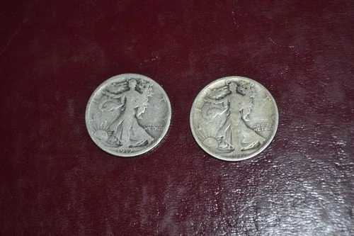 PAIR OF (2) 1917-S WALKING LIBERTY HALF DOLLAR COINS 90% SILVER ABOUT GOOD TO VG