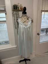 Vintage Women  s Light Blue Sleeveless Nightgown Lace Trim Satin