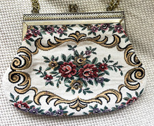 Vintage Petit Point Purse Floral Tapestry Needlepoint Evening Bag Metal Chain