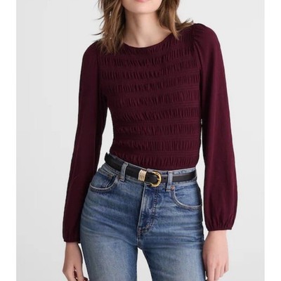 Madewell Womens Plum Wine Long Sleeve Smocked Boatneck Top Blouse M Medium New
