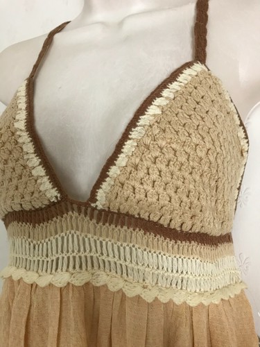 FREE PEOPLE SAND BEIGE CROCHET BRA MAXI DRESS GRANNY SQUARE (SIZE XS) - Picture 3 of 4