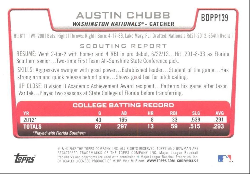 2012 Bowman Draft Picks & Prospects Austin Chubb Washington Nationals #BDPP139 - Image 2 of 2