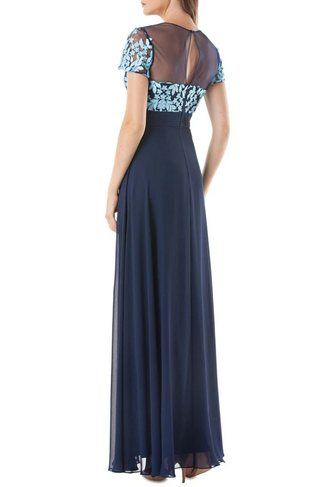 JS COLLECTIONS Navy Turquoise Embroidered Floral Illusion Sheer Chiffon Gown 4 - Image 2 of 4